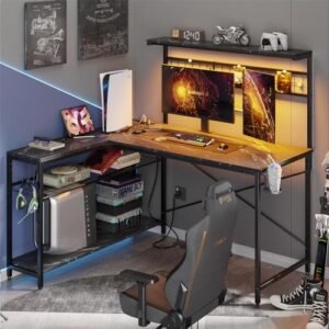 Bestier L Shaped Gaming Desk with Power Outlets, 51 inch LED Computer Desk with 4 Tiers Storage Shelves, Gamer Desk with Headset Hooks and Cup Holder for Bedroom, Black Marble