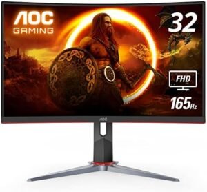 AOC C32G2 32″ Curved Frameless Gaming Monitor FHD, 1500R Curved VA, 1ms, 165Hz, FreeSync, Height adjustable, 3-Year Zero Dead Pixel Policy, Black