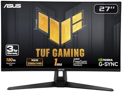 ASUS TUF Gaming 27” 1440P HDR Monitor (VG27AQ3A) – QHD (2560 x 1440), 180Hz, 1ms, Fast IPS, 130% sRGB, Extreme Low Motion Blur Sync, Speakers, Freesync Premium, G-SYNC Compatible, HDMI, DisplayPort