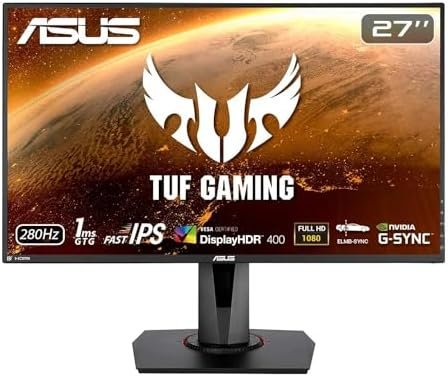 ASUS TUF Gaming VG279QM 27” HDR Monitor, 1080P Full HD (1920 x 1080), Fast IPS, 280Hz, G-SYNC Compatible, Extreme Low Motion Blur Sync (ELMB SYNC), 1ms, DisplayHDR 400,, BLACK