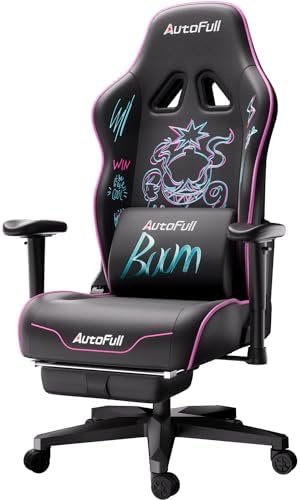 AutoFull C3 Gaming Chair Punk Graffiti Office Chair with Ergonomic Widen Cushion Wear-Resistant Leather PC Chair with Footrest and Lumbar Support Pillow,Black