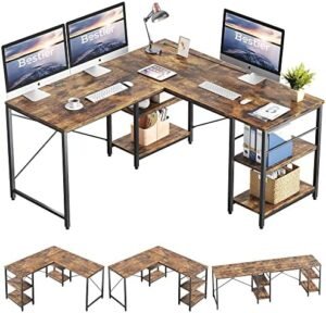 Bestier L Shaped Desk with Shelves 95.2 Inch Reversible Corner Computer Desk or 2 Person Long Table for Home Office Large Gaming Writing Storage Workstation P2 Board with 3 Cable Holes, Rustic Brown