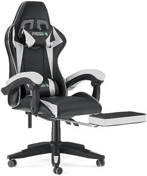 Bigzzia Gaming Chair with Footrest Office Desk Chair Ergonomic Gaming Chair PU Leather Reclining High Back Adjustable Swivel Lumbar Support Racing Style E-Sports Video Gamer Chairs (Black/White)