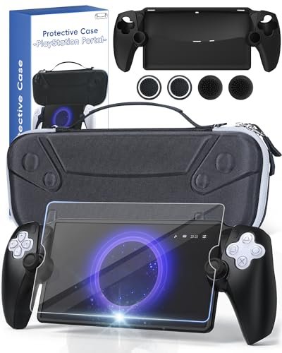 Case for PlayStation Portal Remote Player with Silicone Case/Screen Protector/Thumb Cap, 7-In-1 Hard Carrying Case Compatible with PS5 Playstation Portal Console and Accessories(Black)