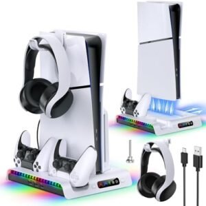 Charging Stand with Cooling Fan ONLY for PS5 Slim Console, Dual Controller Charger Station with 9 RGB Lights & Headset Hook & 3-Level Silent Fan, Cooler Accessories for PS5 Slim Digital/Disc