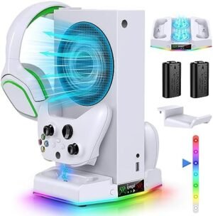 Cooling Stand & Charging Station for Xbox Series S with RGB Light Strip,Dual Controller Charger & Cooler Fan for XSS Console Accessories with 2*1400mAH Rechargeable Battery Pack,1*Headphone Hook,White