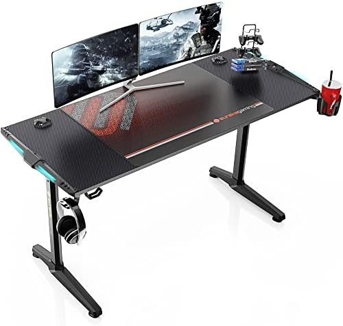 DESIGNA 55 Inch Gaming Desk with Led Lights, RGB Large Gaming Computer Desk with Free Mouse Pad,PC Gaming Table Gamer Desk Workstation with USB Handle Rack, Cup Holder,Headphone Hook, Black