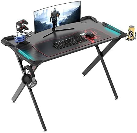 EUREKA ERGONOMIC Gaming Desk with RGB LED Lights, 45 Inch Gamer Desk PC Gaming Computer Desk Gaming Table Workstation W Free Mouse Pad, Controller Stand,Cup Holder and Headphone Hook,Black