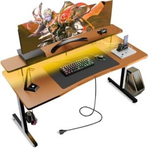 GTRACING 55 Inch Gaming Desk, Computer Gamer Desk with Monitor Stand, Ergonomic Carbon Fiber Surface Gaming Table with Mouse Pad for Home Office, Brown