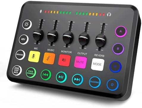 Gaming Audio Mixer, Streaming RGB PC Mixer with XLR Microphone Interface, Individual Control Volume Fader/Mute Button/48V Phantom Power for Podcast/Recording/Vocal/Game Voice, F11