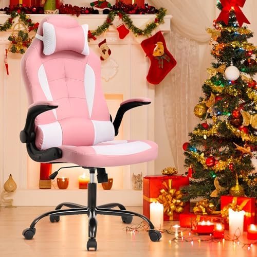 Gaming Chair High Back Office Chair Ergonomic Desk Chair PC Racing Chair with Flip-up Arms PU Leather Computer Chair Adjustable Height Swivel Executive Chair, Pink