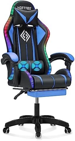 Gaming Chair Massage with LED Lights and Ergonomic Computer Gaming Chair with Footrest High Back Video Game Chairs with Adjustable Lumbar Support Blue and Black