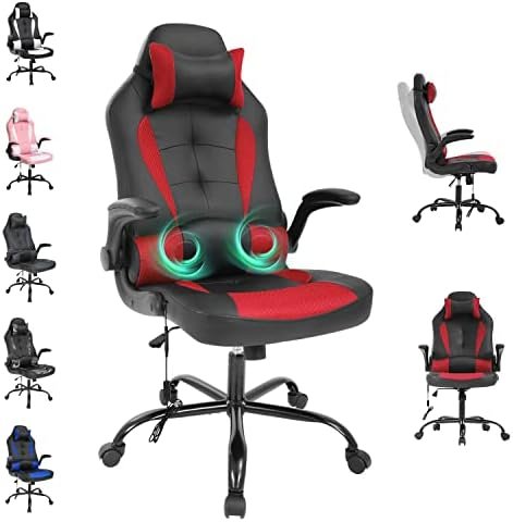 Gaming Chair Massaging Office Chair Ergonomic Racing Chair Rolling Chair PU Leather Executive High Back Computer Chair, Adjustable Gamers Swivel Chair,red