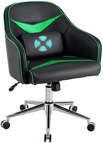 Giantex PU Leather Gaming Chair, Adjustable Height Mid-Back Armchair w/Massage Lumbar Pillow, Rolling Swivel Desk Chairs for Office Home Game Room (Green & Black)