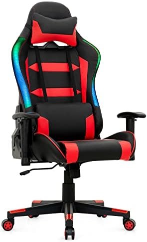 Giantex RGB Gaming Chair, Ergonomic Video Game Chair with Led Light, High Back E-Sport Computer Chair Adjustable w/PVC Leather, Headrest & Lumbar Support (Red)