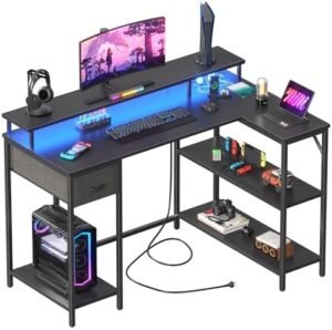 L Shaped Computer Desk with LED Lights & Power Outlet & USB Ports & Large Monitor Stand 47 Inch Reversible Corner Table with Storage Shelves & Drawer for Home Office & Gaming, 47 in, Black