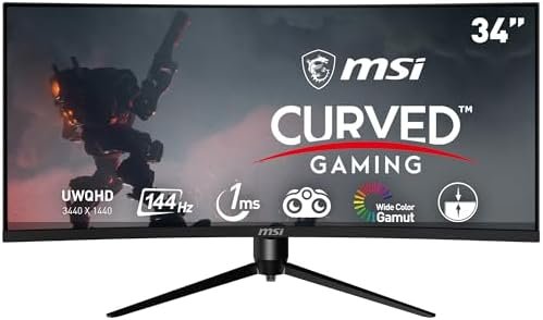 MSI Optix MAG342CQR 1500R Curvature 21:9 Aspect Ratio Narrow Bezel 1ms 3440 x 1440 (UWQHD) 144Hz Refresh Rate Tilt/Swivel/Height/Pivot Adjustment 34″ AMD Freesync Gaming Curved Monitor, Black