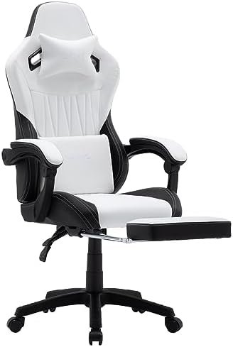 OHAHO Gaming Chair, Office Chair High Back Computer Chair Leather Desk Chair Racing Executive Ergonomic Adjustable Swivel Task Chair with Headrest and Lumbar Support (White)