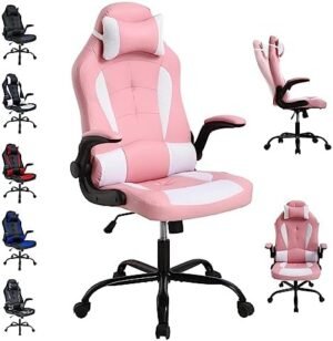 PC Gaming Chair, Ergonomic Girl Computer Chair High-Back Video Game Chair with Lumbar Support Flip Up Arms Headrest PU Leather Adjustable Executive Desk Chair for Adults Men Women Kid Pink