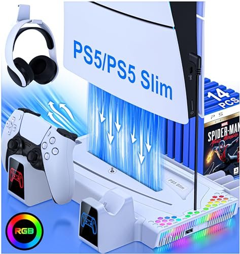 PS5 Slim Cooling Station with RGB Dual Controller Charging, PS5 Stand Vertical for Playstation 5 Console Digital Disc Edition, PS5 Accessories with 3 Levels Cooling Fan 14 Game Slots Headset Holder