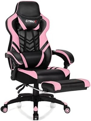 Pink Gaming Chair Ergonomic Computer Chair for Adults Teens Reclining Gamer Chair High Back Game Chair Racing Style Desk Chair with Retractable Footrest, Lumbar Support and Headrest