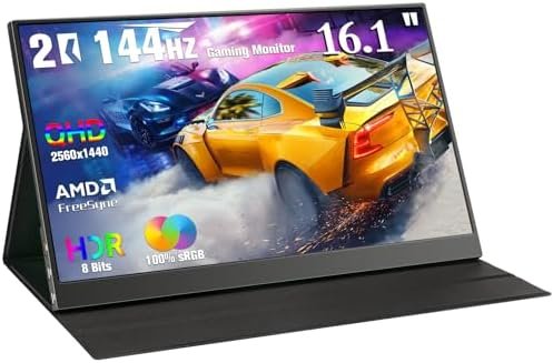 Portable monitor 2K 144Hz 16.1 Inch 2560X1440P Portable Gaming Monitor QHD FreeSync 100% sRGB HDR Ultra Slim For Laptop Travel Monitor External Screen PC Xbox PS4-5 Switch With Smart Cover