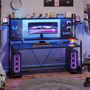 SEDETA Gaming Desk, 55″ Computer Desk with Hutch and Shelves, Gaming Desk with LED Lights, Pegboard & Monitor Shelf, Large PC Gamer Desk Workstation for Home Office, Gaming Table for Bedroom, Black