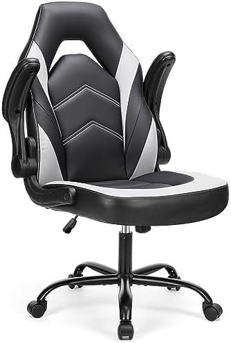 Sweetcrispy Computer Gaming Desk Chair – Ergonomic Office Executive Adjustable Swivel Task PU Leather Racing Chair with Flip-up Armrest for Adults, Kids, Men, Girls, Gamer, Black White