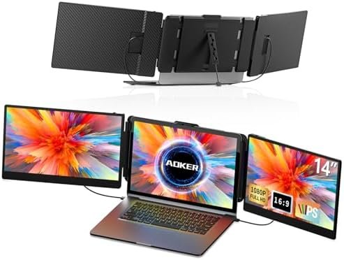 Triple Laptop Screen Extender – 14 Inch Portable IPS FHD 1080P HDMI/USB-A/Type-C Monitors for 13″-17.4″ Laptops Compatible with Mac Windows Travel Work Gaming