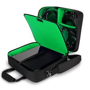 USA Gear Console Carrying Case – Xbox Travel Bag Compatible with Xbox One and Xbox 360 with Water Resistant Exterior and Accessory Storage for Xbox Controllers, Cables, Gaming Headsets – Green