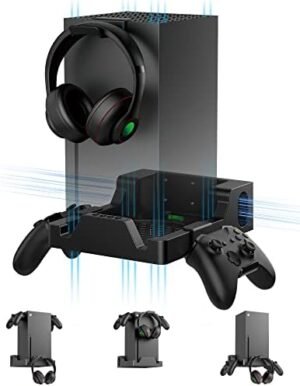 Wall Mount for Xbox Series X, 4 in 1 Wall Mount Kit for Xbox Series X with Two Controller Holders & Headphone Hook, Integrated and Ventilation Design, Console Can Face Forward