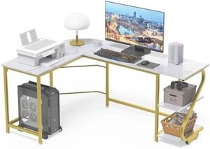 Weehom Reversible l Shaped Computer Desk with Storage Home Gaming Office Writing Workstation Corner Table for Small Space White Marbling Gold