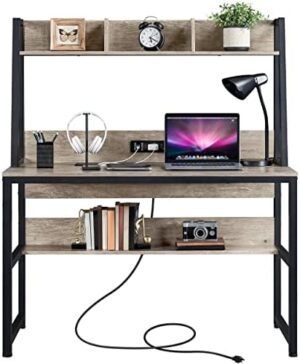 Yaheetech Home Office 47 Inch Writing Desk with Power Outlets and 2 USB Charging Ports for Studying, Gaming Table Computer Desk with Hutch and Bookshelf, Metal Frame Workstation for Office, Gray