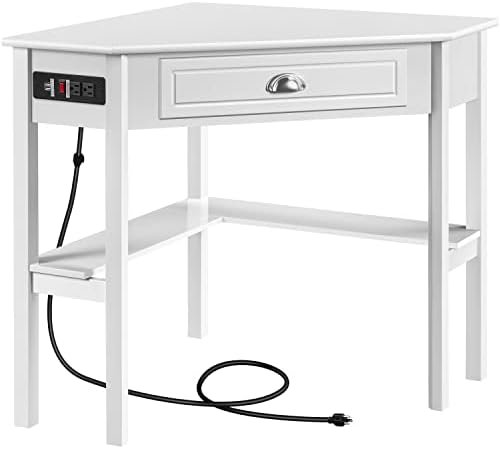 Yaheetech L Shaped Corner Computer Desk with Power Outlets, Reversible Triangle Workstation with USB Ports and Hook for Small Space, Modern Home Office Desk Gaming Table with Drawer & Shelf, White