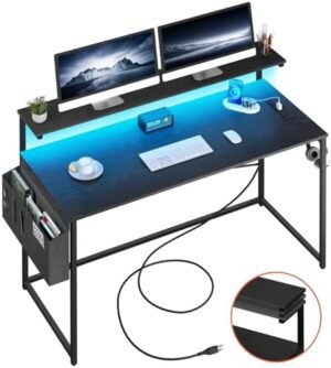 Yoobure Computer Desk with Power Outlets Fast Charging Type-C Included, Gaming Desk with LED Lights, 47″ Office Desk with Adjustable Monitor Stand, Small Desk Home Office Desks with Storage Bag & Hook