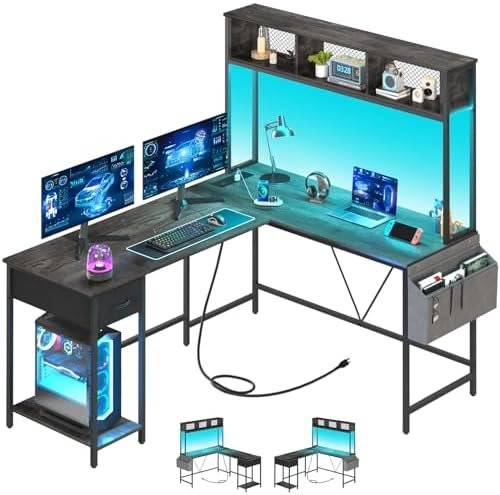 Yoobure L Shaped Desk Gaming Desk with LED Strip & Power Outlet, Reversible L-Shaped Computer Desk with Storage Shelf & Drawer, Corner Desk with Storage Bag, 2 Person Home Office Desk, Gray