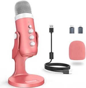 ZealSound Gaming USB Pink Microphone with Quick Mute for Phone Computer PC PS5,Studio Mic with Gain Control,Echo&Monitor Volume Adjust for Streaming Vocal Recording ASMR Podcast Video K66