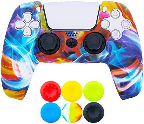 9CDeer 1 Piece of Silicone Transfer Print Protective Thick Cover Skin + 6 Thumb Grips for Playstation 5 / PS5 Controller Rainbow