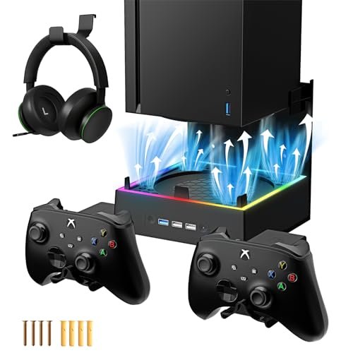 Allnice Wall Mount Cooling Stand for Xbox Series X Accessories, Xbox Series X Wall Mount Vertical Cooling Fan with RGB Light, 3 USB Ports, Adjustable Fans Speed, Controlle and Headset Holder