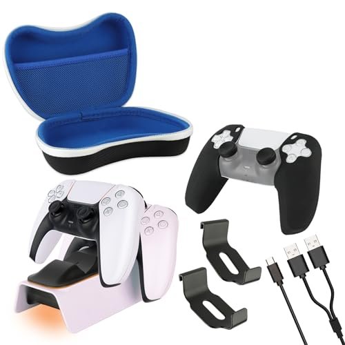 Arisll Accessories Kit for PS5, Dual Controller Charger,Carrying Case,2 Pack Controller Headphone Mounts,Decorative Strip,Thumb Grip and Silicone Cover Grip for PS5 Playstation 5 Console