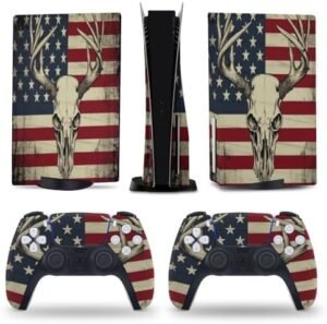 Buyidec American Flag Deer Skull Hunting for PS5 Skin Console and Controller Accessories Cover Skins Anime Vinyl Cover Sticker Full Set for Playstation5 Disc Edition