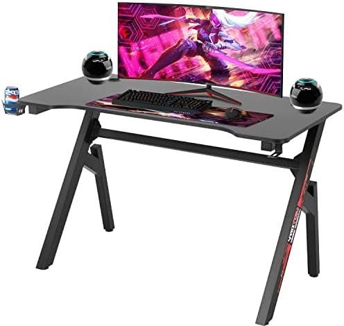 Computer Desk Gaming Desk Student PC Desk Writing Desk Office Desk Modern Ergonomic Racing Style Table Workstation Carbon Fiber Headphone Hook (47in, Red)