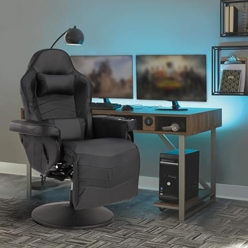 Consofa Massage Gaming Chairs for Adults, Gaming Chair with Footrest, PU Leather Gaming Recliner Chair w/Adjustable Height, Swivel Game Chair with Lumbar Support, Cup Holder, Side Pouch (Black)