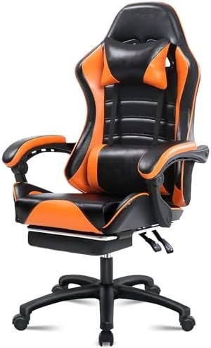 Ergonomic Gaming Chair with Footrest, Comfortable Computer Chair for Heavy People, Adjustable Height Office Desk Chair with Wheels, Breathable Leather Video Game Chairs