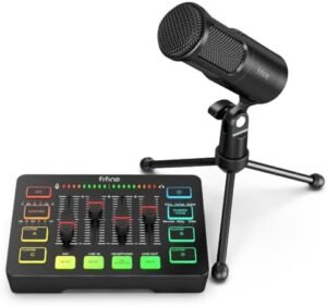 FIFINE Gaming Audio Mixer and XLR Dynamic Microphone Bundle, Streaming 4-Channel RGB Mixer Set with 48V Phantom Power,Volume Fader for Game Voice,Podcast,Studio Metal Mic for Voice-Over(SC3+K669D)