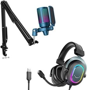 FIFINE Gaming PC Microphone USB Headset Bundle for Streaming Recording, RGB Condenser Computer Mic with Boom Arm Stand, Wired RGB Headset with EQ Mode, for Podcasts, Vocal, Video-Blue (A6TB+H6)