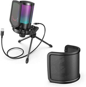 FIFINE Gaming USB Condenser Microphone with Pop Filter Bundle, Quick Mute, RGB Indicator, Tripod Stand, Shock Mount, Gain Control for Streaming YouTube Videos(A6V+U1)