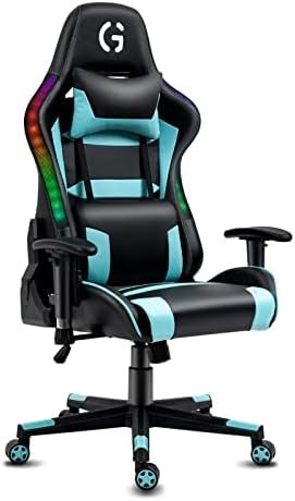 Gaming Chair with LED RGB Lights Ergonomic Office Computer Desk Chair Adjustable Height Swivel Recliner, Black Cyan