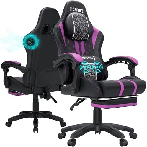 Gaming Chair with Speakers and Massage Big and Tall Video Game Chair for 400lbs with Footerst Reclining High Back Computer Desk Chair Purple and Black