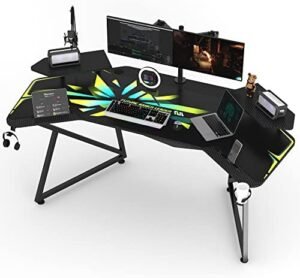 Gaming Desk with Removable Speaker Stand, 72” Large Studio Wing-Shaped Gaming Desk with Headphone Stand, Cup Holder for Live Streamer, Social Media Influencers & Music Recording